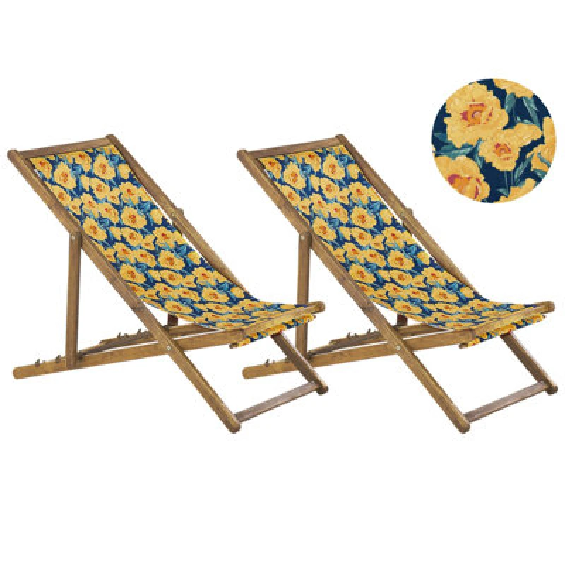 Image of BELIANI Set of 2 Folding Deck Chairs ANZIO with Replacement Fabrics Floral Motif Acacia Wood Light Brown 311270