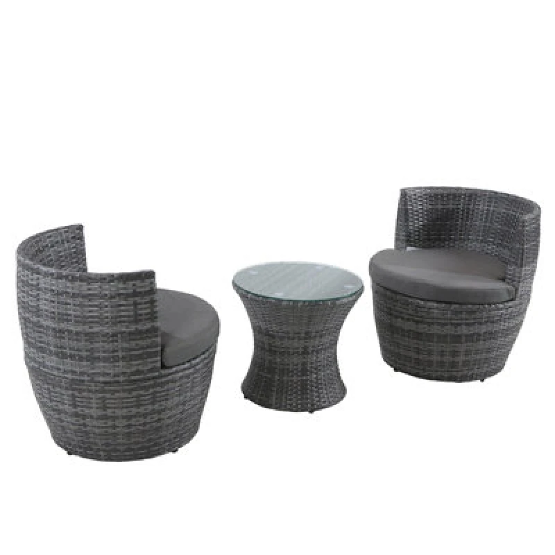 Image of 3 Piece Outdoor Rattan Bistro Set, Garden Wicker Structure Furniture Vase Chair Set With Cushion And Glass Top Coffee Table - Gray