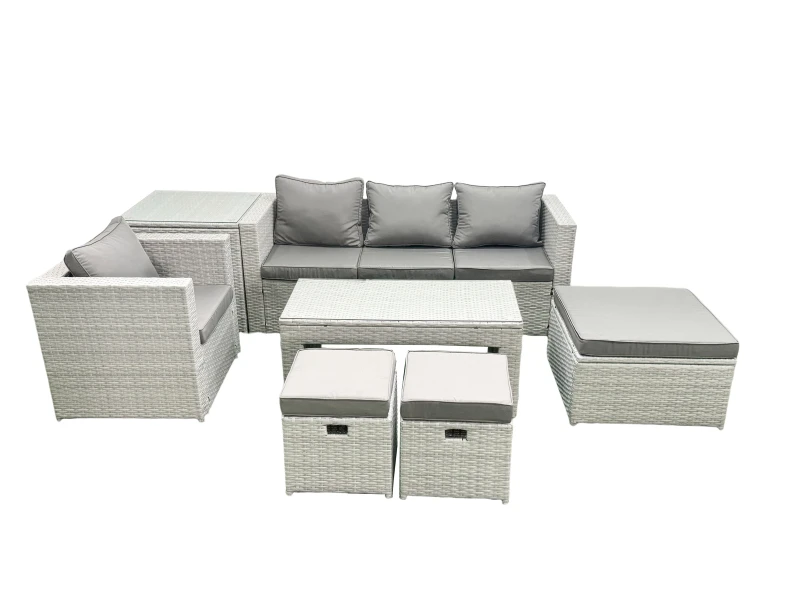 Image of Fimous Rattan Garden Furniture Set Outdoor Lounger Sofa with Coffee Table 3 Footstools Side Table Light Grey Mixed Light Grey