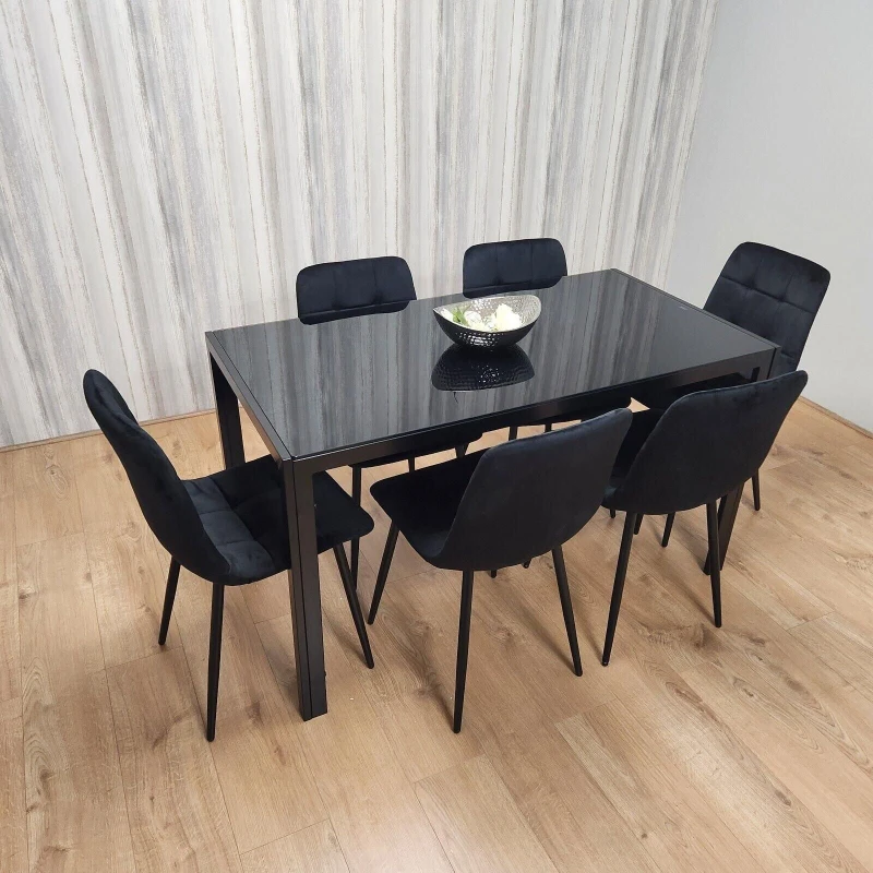 Image of KOSY KOALA Black Kitchen Dining Table And 6 Black Tufted Velvet Chairs Set Of 6 Dining Room Furniture Black
