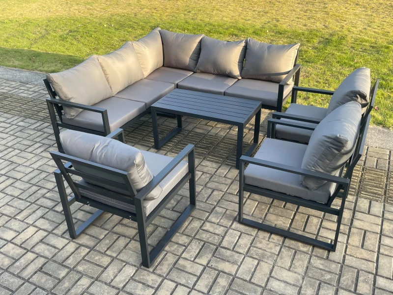Image of Fimous 8 Seater Aluminium Outdoor Garden Furniture Set Patio Lounge Sofa with Oblong Coffee Table Chair Dark Grey Dark Grey Unisex