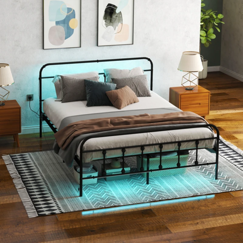 Image of HOMCOM HOMCOM King Bed Frame with LED Lights and Charging Station, Black King Unisex 5063603037175
