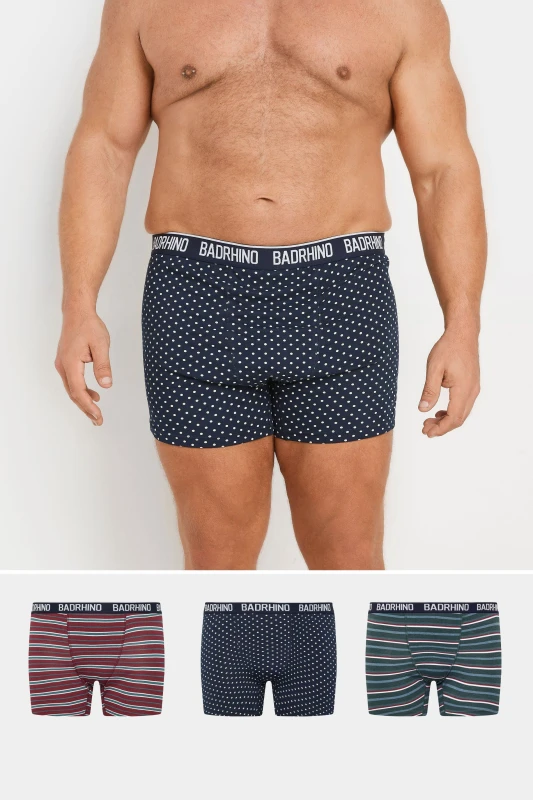 Image of BadRhino BadRhino Men 3 Pack Stripe & Spot Boxers in Blue Size: 7-8X-Large Blue 7-8XL Male 5063111856923