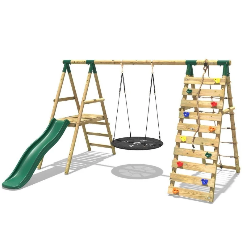 Image of Rebo Wooden Swing Set with Nest Swing, Slide and Climbing Wall - Pyrite Green Green