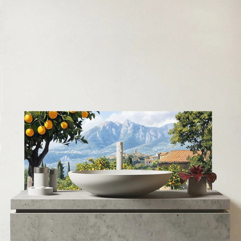Image of Warren Reed - Designer Lemon Trees In Sorrento Glass Bathroom Splashback Multicolor Unisex