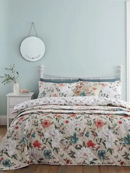 Image of Catherine Lansfield Pippa Floral Birds Natural Duvet Cover and Pillowcase Set Natural