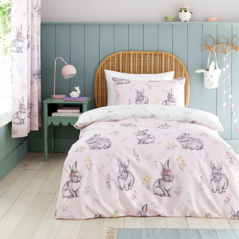 Image of Catherine Lansfield Bunny Tails Ditsy Flowers Duvet Cover and Pillowcase Set Pink