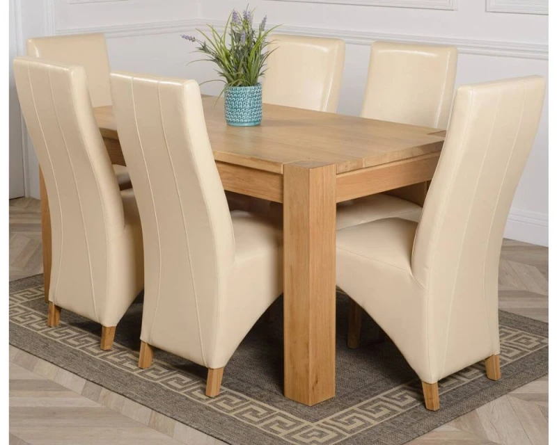 Image of Thats Furniture Kuba 150 x 85cm Chunky Medium Oak Dining Table & 6 Lola Leather Chairs in Cream Cream Unisex 150 x 85 cm
