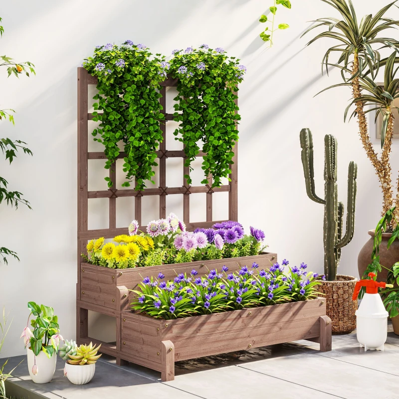 Image of Outsunny Outsunny 2-Tier Wooden Raised Bed with Trellis and Drainage Holes, Brown Brown