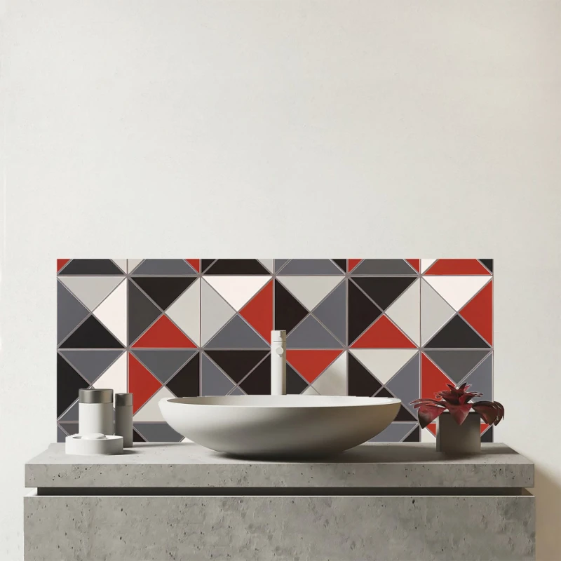 Image of Warren Reed - Designer Grey Red Triangle Geometric Glass Bathroom Splashback Red Unisex