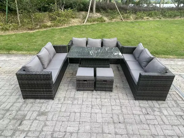 Image of Fimous 9 Seater Outdoor Dark Grey Rattan Lounge Complete Sofa Set with Adjustable Dining Table and 2 Stools