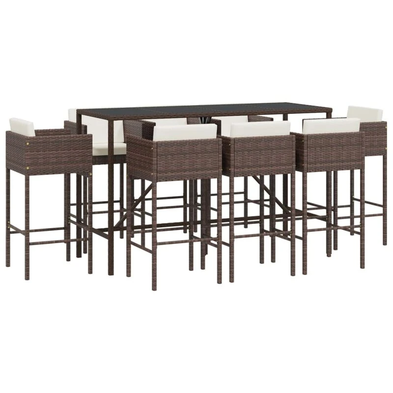 Image of vidaXL 9 Piece Garden Bar Set with Cushions Brown Poly Rattan, Brown 3203936