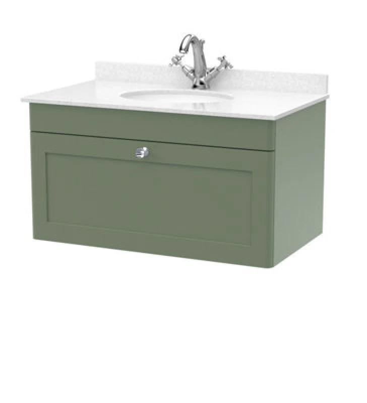 Image of nuie 800mm Wall Hung 1 Drawer Vanity & Marble Top 1TH - Satin Green CLC896WR1