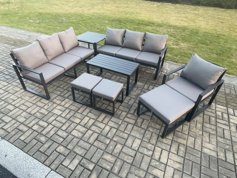 Image of Fimous Aluminium 8 Pieces Garden Furniture Set with Cushions 10 Seater Outdoor Patio Lounge Sofa Set with Armchair 3 Footstools Side Table Dark Grey U