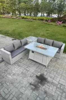 Image of Fimous 6 Seater Outdoor Light Grey Rattan Lounge Complete Sofa Set with Gas Fire Pit Dining Table, Gas Heater, and Side Coffee Table