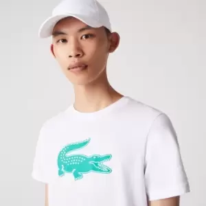 Image of Mens Lacoste SPORT 3D Print Crocodile Breathable Jersey T-Shirt Size 4 - M White / Green