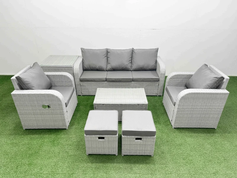 Image of Fimous PE Rattan Garden Furniture Set Reclining Chair Sofa Lounge Sofa Set Oblong Coffee Table Side Table 2 Small Stools Light Grey Light Grey