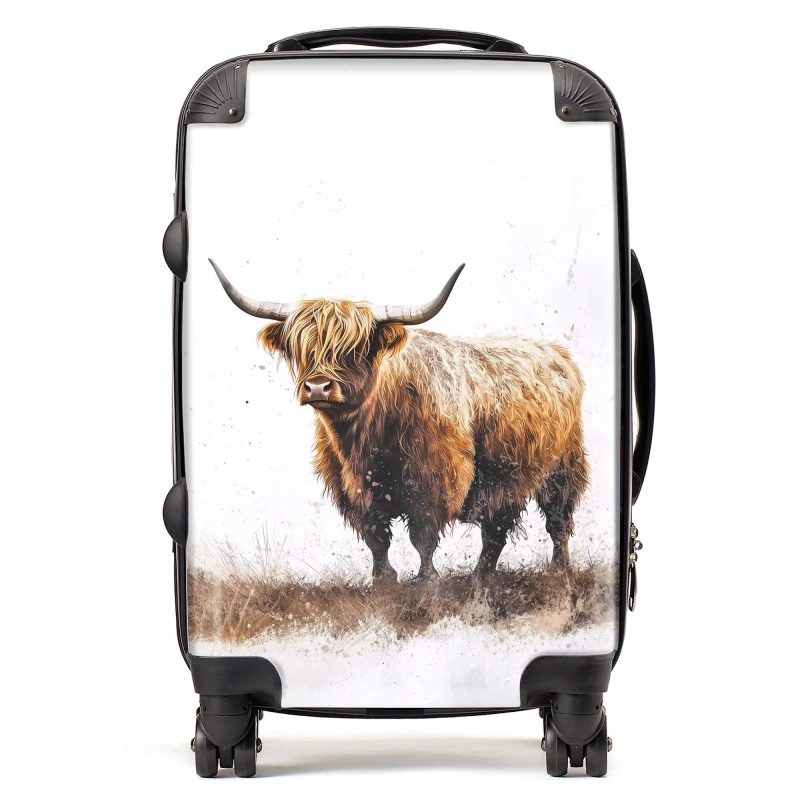 Image of Warren Reed - Designer Highland Cow Watercolour Suitcase in Brown Size: Cabin Brown Unisex Cabin