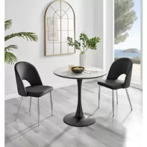 Image of Furniturebox UK - Furniturebox Elina White Marble Effect Modern 80cm Round Dining Table & 2 Black Arlon Silver Leg Velvet Chairs