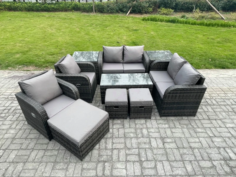 Image of Fimous 10 PCS Rattan Garden Furniture Set Outdoor Patio Sofa, Table and Chairs Coffee Table 3 Footstools Ideal for Pool Side, Balcony, Outdoor Set Dar