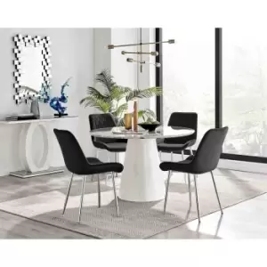 Image of Furniture Box Palma White Marble Effect Round Dining Table and 4 Black Pesaro Silver Leg Chairs