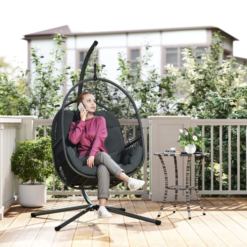 Image of Outsunny Hanging Egg Chair with Stand, Cushions for Garden, Dark Grey 84A-375V70CG