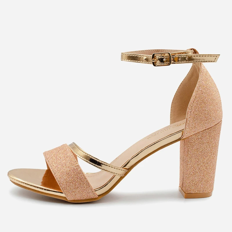 Image of Wheres That From Wheres Glitter Perla Mid Block Heel Sandals Ladies Rose Gold female 8 (41)