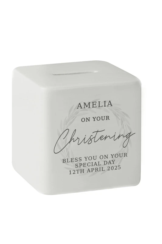 Image of Personalised Memento Company Personalised Christening Ceramic Square Money Box in White White Unisex