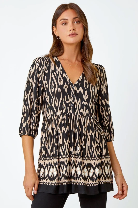 Image of Roman Aztec Print V-Neck Stretch Tunic Smock Top Black female