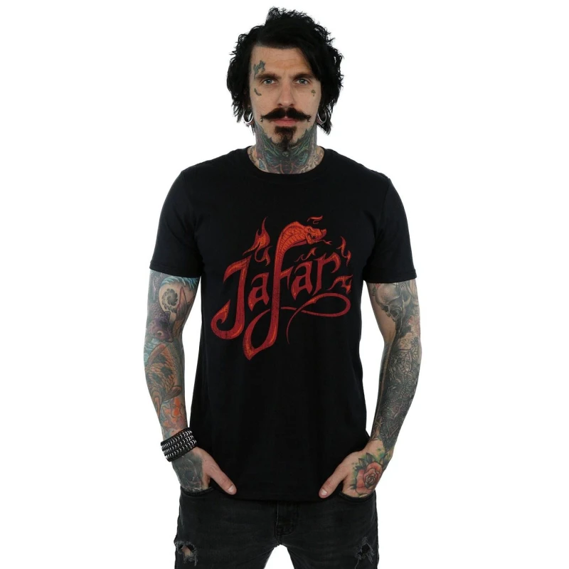 Image of Disney Men Aladdin Movie Jafar Flames Logo T-Shirt in Black Size: Small Black S Male 5059276933623