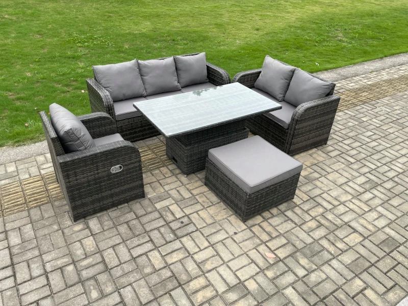 Image of Fimous 7 Seater Outdoor Rattan Furniture Garden Dining Set Patio Height Adjustable Rising lifting Table with 3 Seater Sofa Reclining Chair Dark Grey