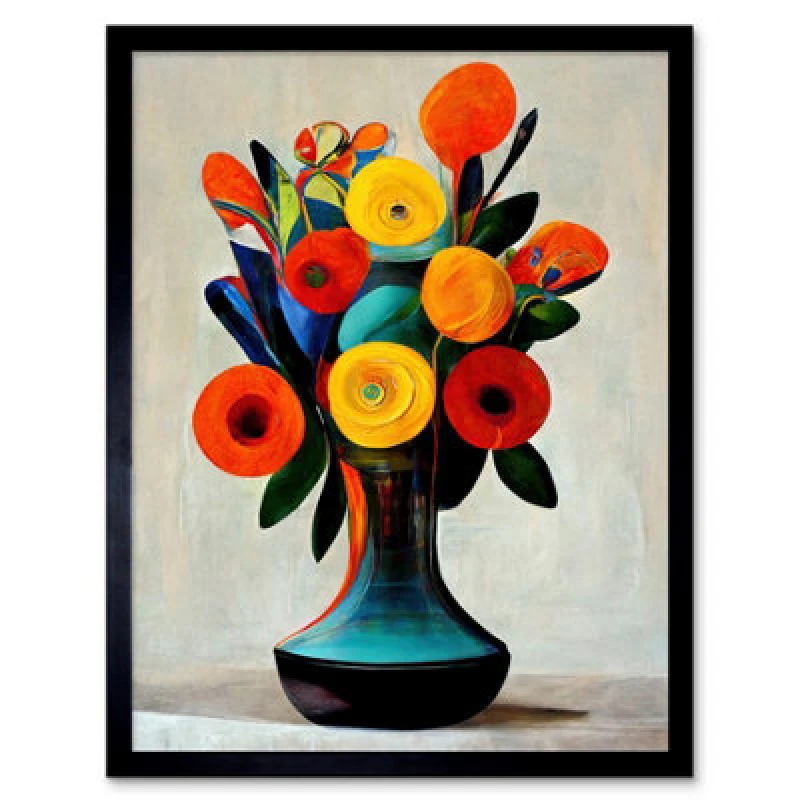 Image of Artery8 Mid Century Style Bright Floral Bouquet Flowers Orange Framed Wall Art Print