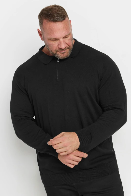 Image of BadRhino Knitted Long Sleeve Zip Polo Shirt Black