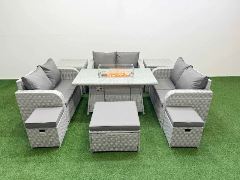 Image of Fimous 9 Seater PE Wicker Rattan Furniture Sofa Sets with Firepit Dining Table 2 Seater Love Sofa 3 Stool 2 Side Table Light Grey Light Grey