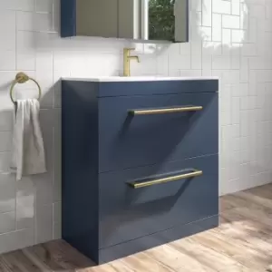 Image of 800mm Blue Freestanding Vanity Unit with Basin and Brushed Brass Handle - Ashford