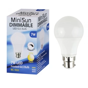 Image of MiniSun 7W BC/B22 Frosted GLS Bulb In Warm White - Dimmable