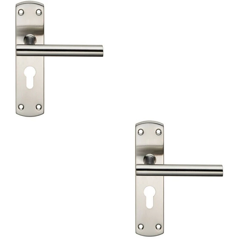 Image of Loops 2x Mitred T Bar Lever Door Handle on Euro Lock Backplate 172 x 44mm Satin Steel Metallics