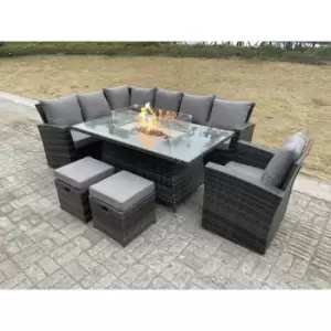 Image of Fimous 7 Seater Outdoor Dark Grey Rattan Lounge Complete Sofa Set with Gas Fire Pit, Heater, and 2 Stools