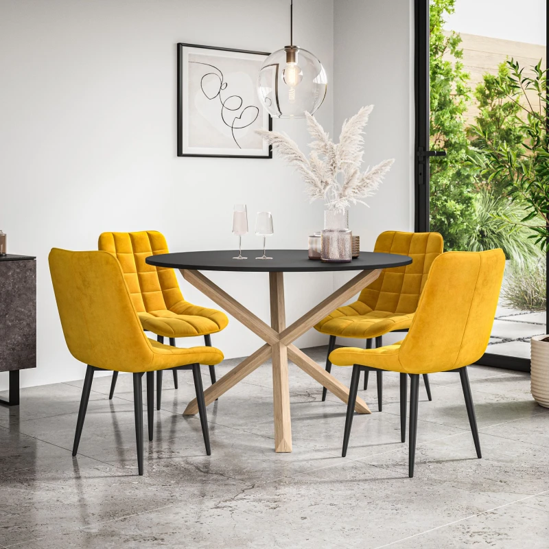 Image of More4Homes Malvern Round Dining Table And Chairs - Black Table Top W Solid Oak Legs + Nova Velvet Dining Chair Set Of 4 (Mustard)