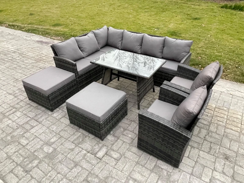 Image of Fimous Outdoor Rattan Garden Furniture Corner Sofa Set with Oblong Dining Table 2 Big Footstool 2 Armchairs in Dark Grey Dark Grey Unisex