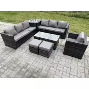 Image of Fimous 7 Seater Outdoor Dark Grey Rattan Lounge Complete Sofa Set with Oblong Rectangular Coffee Table, Side Table and 2 Stools