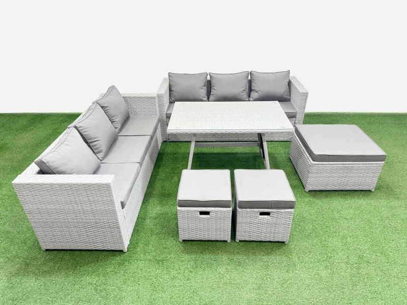 Image of Fimous 9-seater Patio Rectangular Table 3 Seater Sofa Set with 3 Stools in Light Grey Light Grey Unisex
