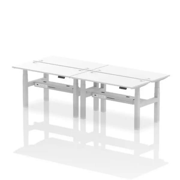 Image of Air Air Back-to-Back 1400 x 600mm Height Adjustable 4 Person Bench Desk White Top with Cable Ports Silver Frame HASCP4P14600WHTS