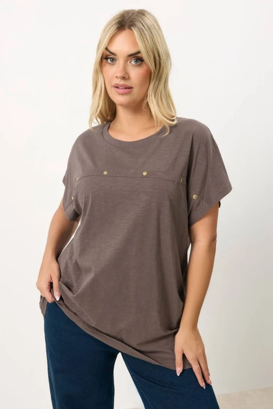 Image of Yours Womens Stud Grown On Sleeve T-Shirt in Chocolate Size: 26-28 Chocolate Female 26-28