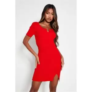 Image of I Saw It First Red Ribbed Bar Detail Knitted Dress - Red