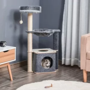 Image of PawHut Cat Tree Tower 95cm Climbing Kitten Activity Center with Sisal Scratching Post Perch Roomy Condo Hammock Removable Felt Hanging Toy, Grey