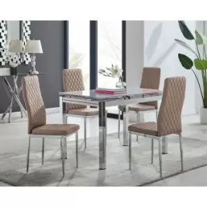 Image of Enna White Glass Extending Dining Table and 4 Cappuccino Milan Chairs - Cappuccino