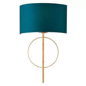 Image of Antique Gold Leaf Wall Light & Teal Satin Half Shade Dimmable LED Filament Lamp