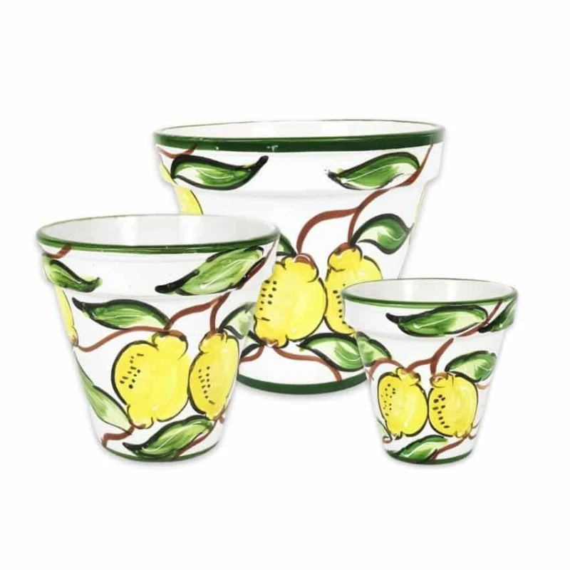 Image of Verano Spanish Ceramics Lemons Hand Painted Set of 3 Outdoor Garden Patio Classic Plant Pots (D) 16-29cm Multi