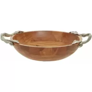 Image of Interiors By Ph Round Bowl, Acacia Wood, Aluminium Leaf Handles